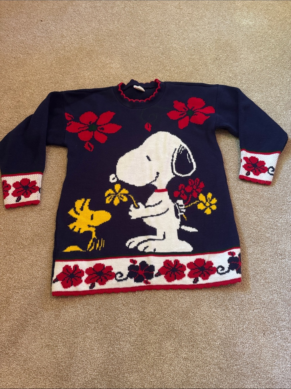 Navy Snoopy & Woodstock Floral Knit Crewneck Sweater Size S